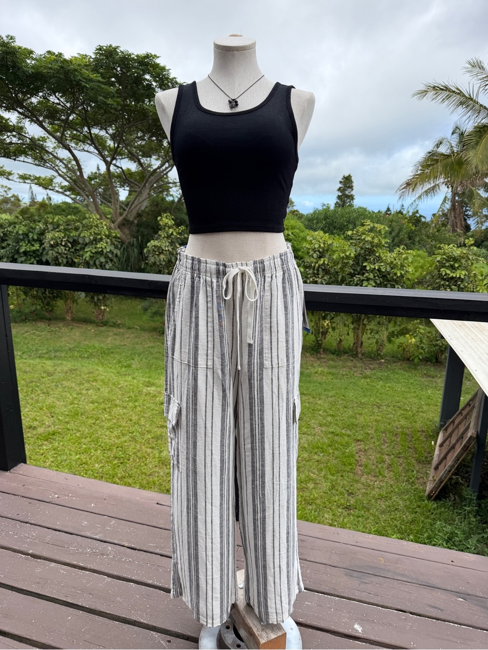 Roxy Linen Cargo Pants Large Black White Stripe Wide Leg NWT 30” Inseam